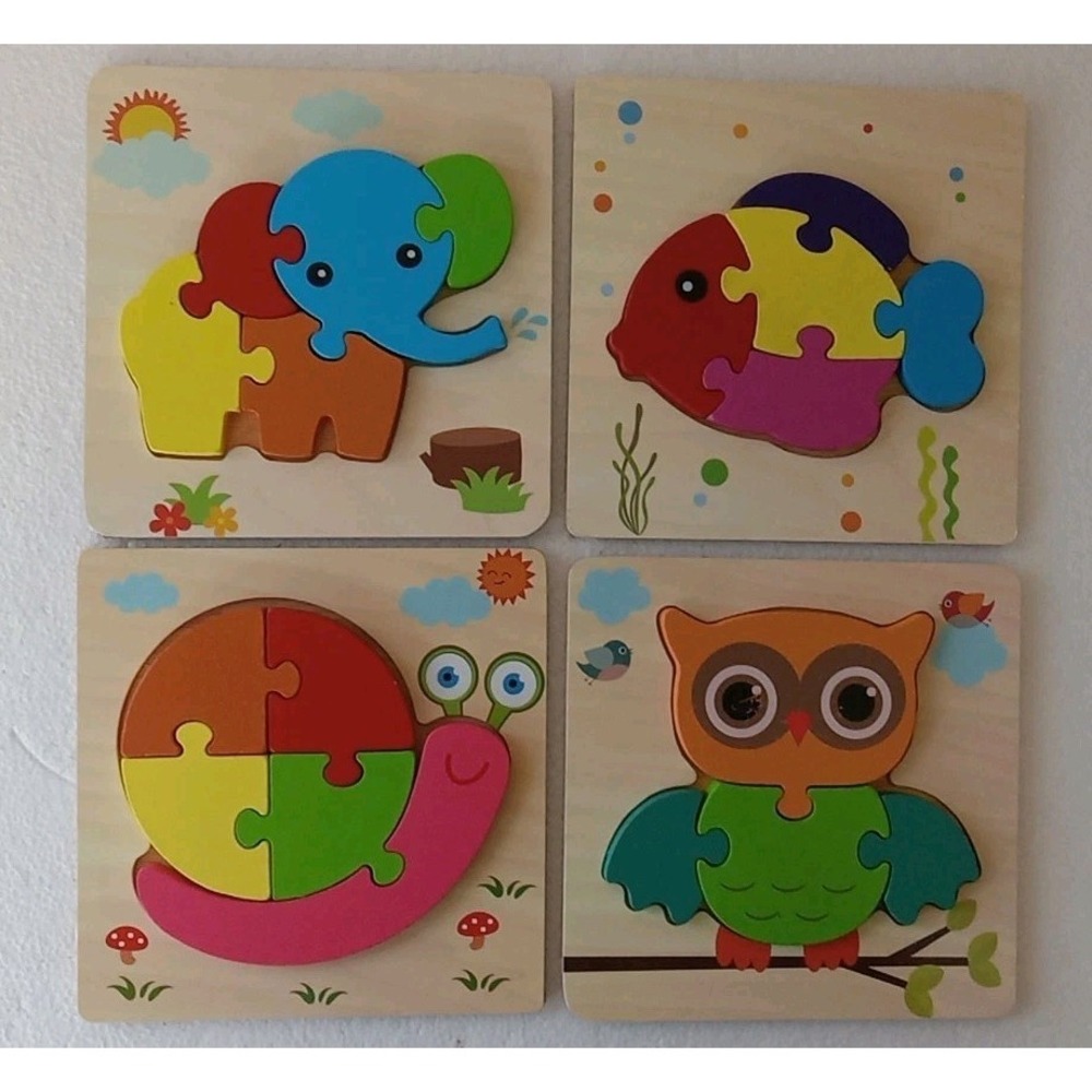 Skyfield Wooden Animal Puzzle- 4 Puzzles Owl Fish Elephant And Snail